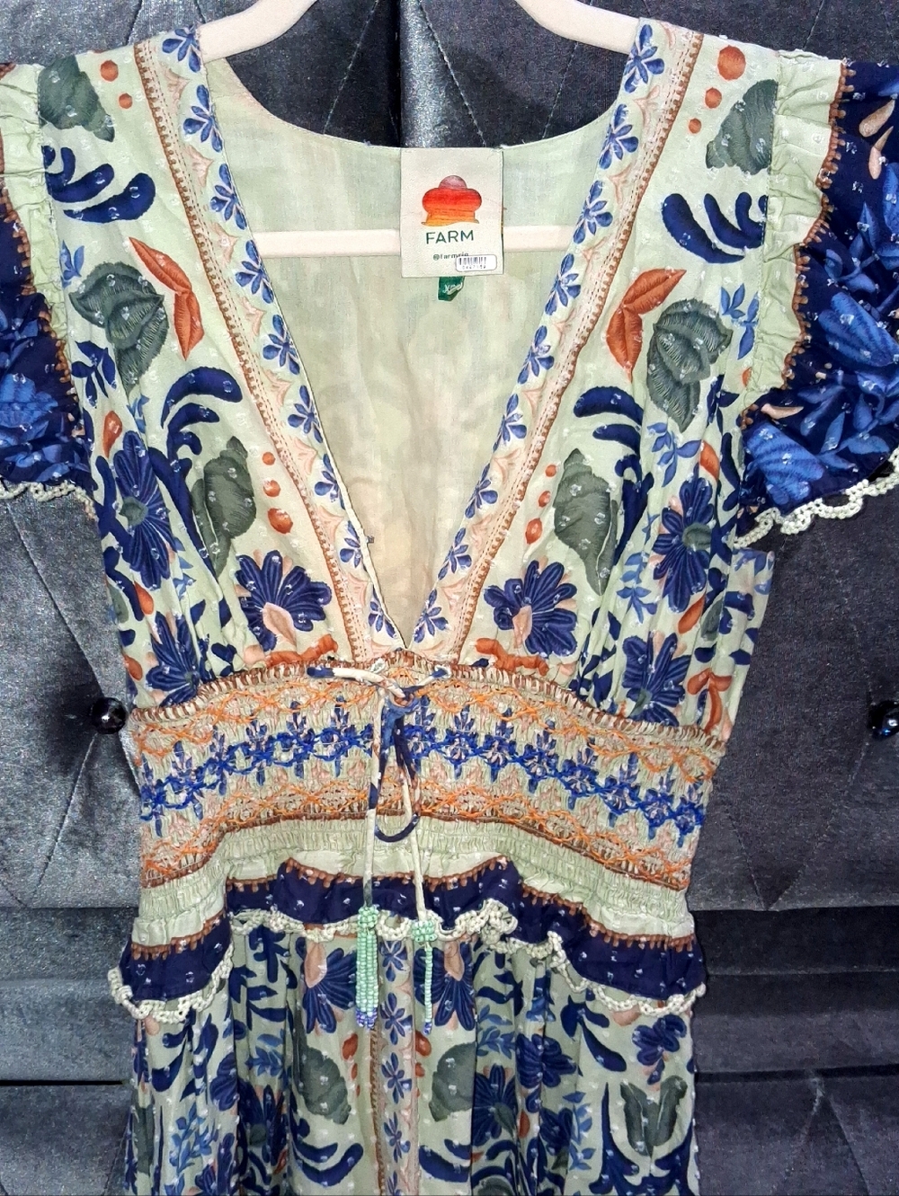 Farm Rio Ocean Tapestry cotton maxi dress XS Floral Bohemian Embroidered Ruffles - Picture 8 of 17